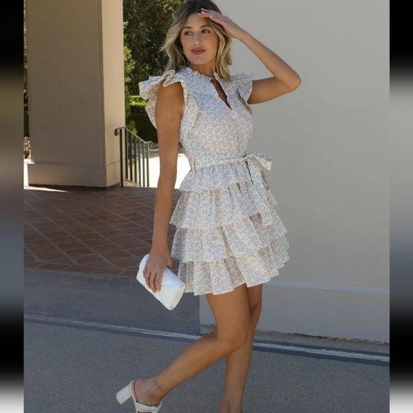 Clairita Cotton Floral Tired Flutter Sleeve Mini Dress - Picture 4 of 12